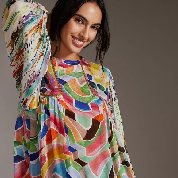 Anthropologie Bl-Nk Miranda Peasant Blouse Green Motif XXS - Picture 4 of 4